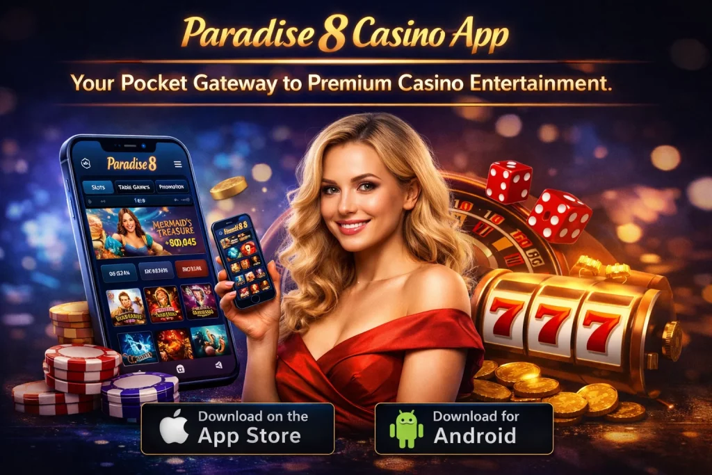 Paradise 8 Casino App banner with smartphone displaying mobile casino games, slot machine symbols, roulette wheel, dice, and download buttons for iOS and Android on a dark casino-themed background.