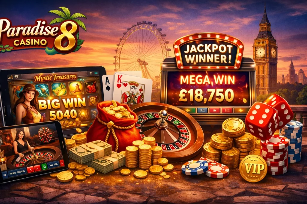 Paradise 8 Casino online slots and games banner with jackpot machine, roulette table, gold coins, tablet and smartphone gaming against a London skyline background.
