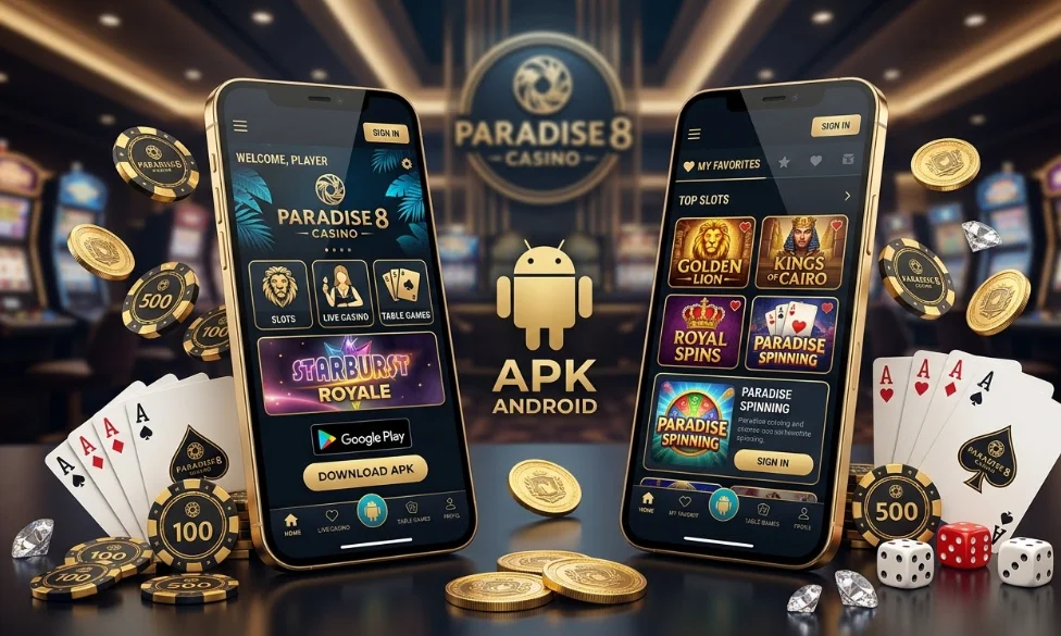**Two smartphones with Paradise 8 Casino app, chips, cards, coins, dice.**