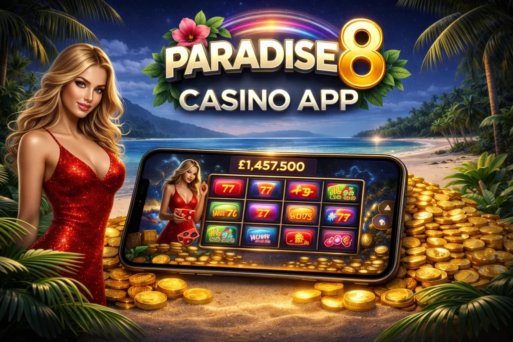 Paradise 8 Casino App iOS banner with smartphone showing slot game and £1,457,500 jackpot on a tropical beach background with gold coins and elegant woman in red dress
