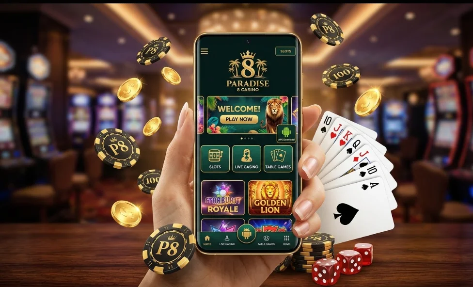 Two smartphones with Paradise 8 Casino chips, cards, coins, dice